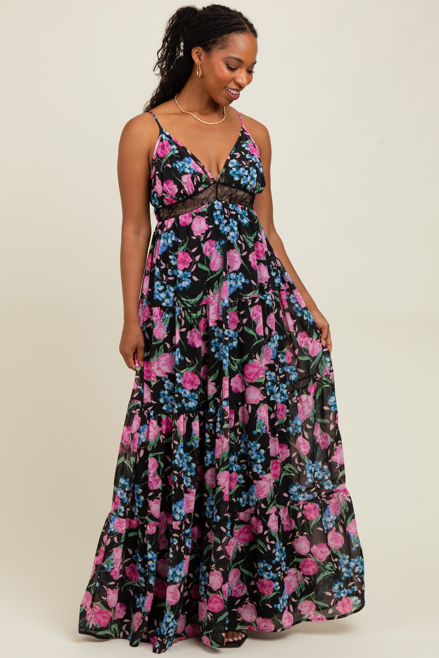 black dress with large pink flowers pink black dress Black And Pink Floral Print Cut Out Day Dress AX Paris