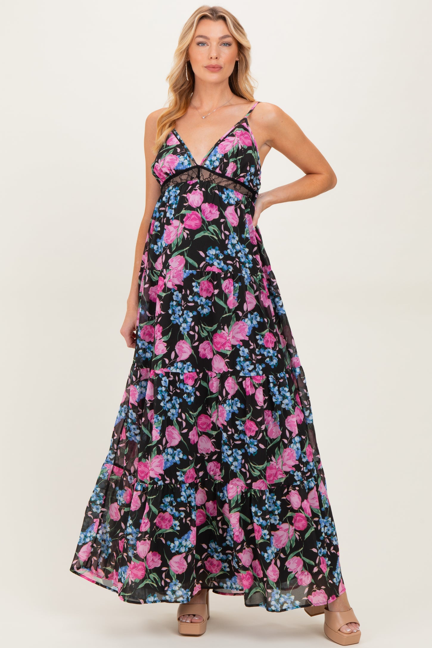 Black Floral Lace Inset Tiered Maternity Maxi Dress