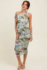 Multicolor Floral Animal Print  One Shoulder Mesh Midi Dress