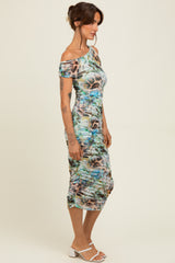 Multicolor Floral Animal Print  One Shoulder Mesh Midi Dress