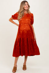 Rust Floral Jacquard Tie Detail Maternity Midi Dress