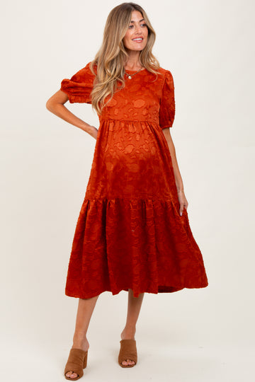 Rust Floral Jacquard Tie Detail Maternity Midi Dress