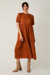 Rust Floral Jacquard Tie Detail Midi Dress