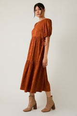 Rust Floral Jacquard Tie Detail Midi Dress