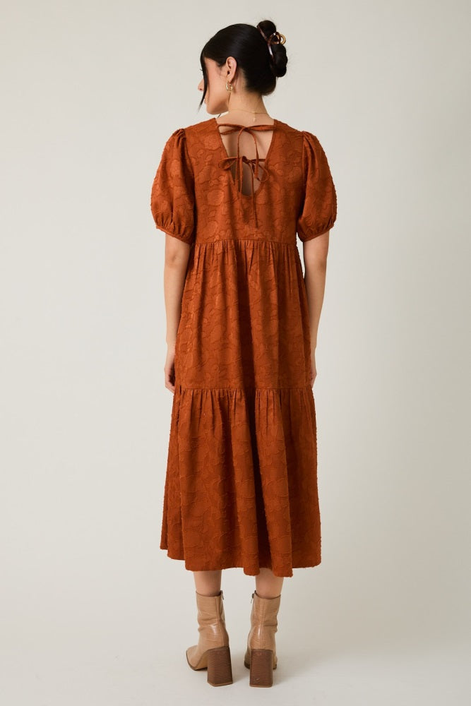 Rust Floral Jacquard Tie Detail Midi Dress