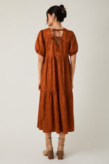 Rust Floral Jacquard Tie Detail Midi Dress