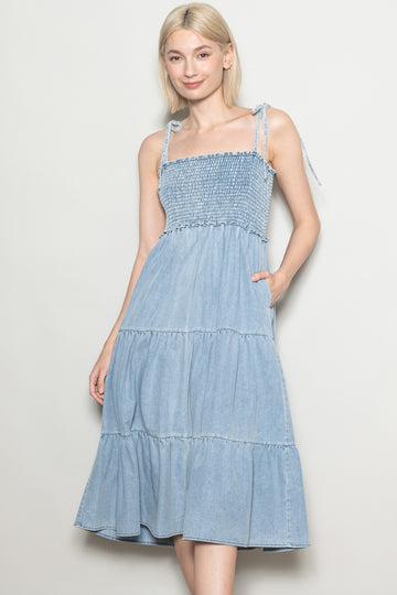 Light Blue Vintage Wash Denim Smocked Dress