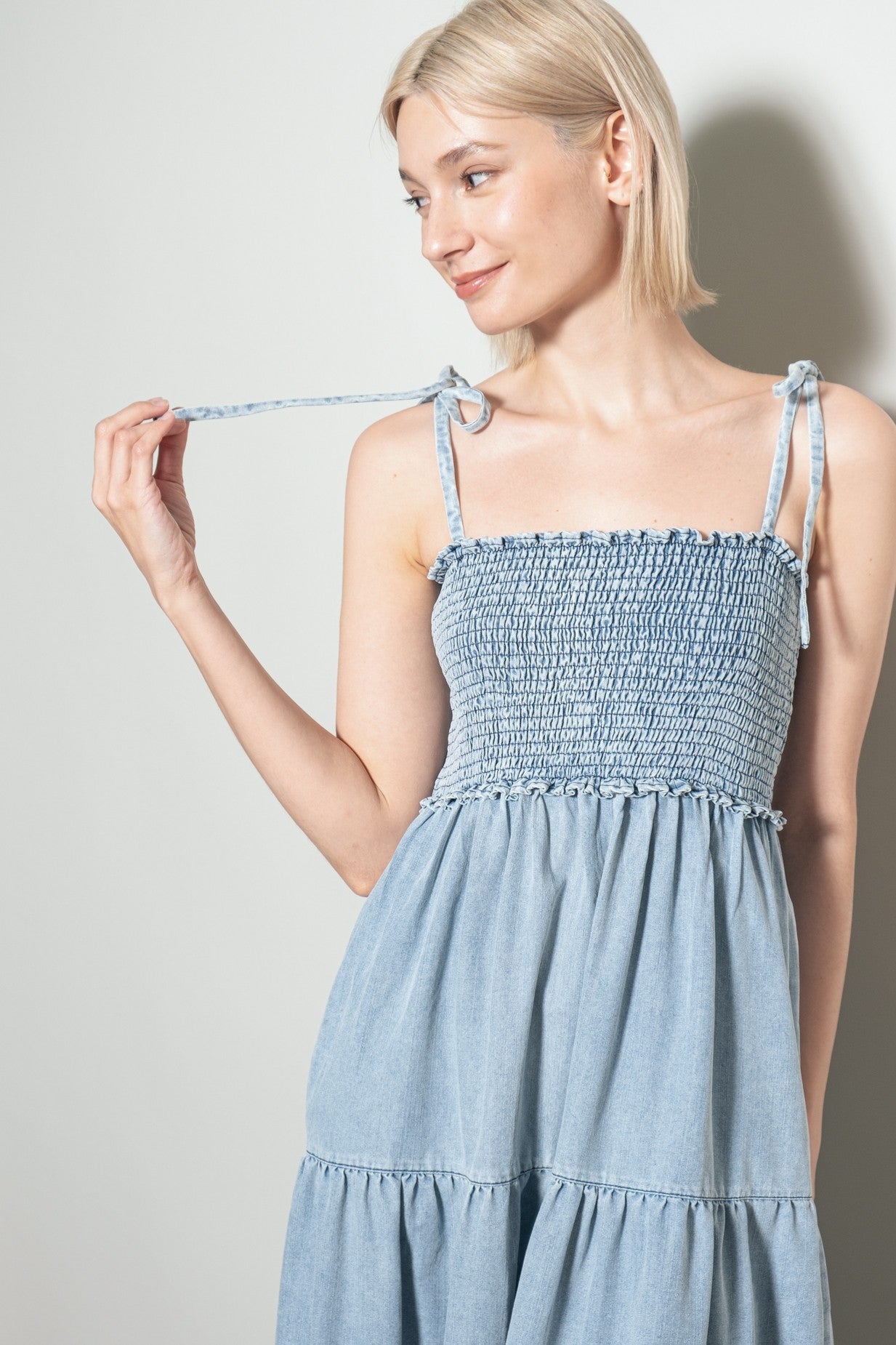 Light Blue Vintage Wash Denim Smocked Dress PinkBlush Light Blue Vintage Wash Denim Smocked Dress PinkBlush