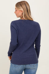 Navy Ribbed Knit Long Sleeve Top