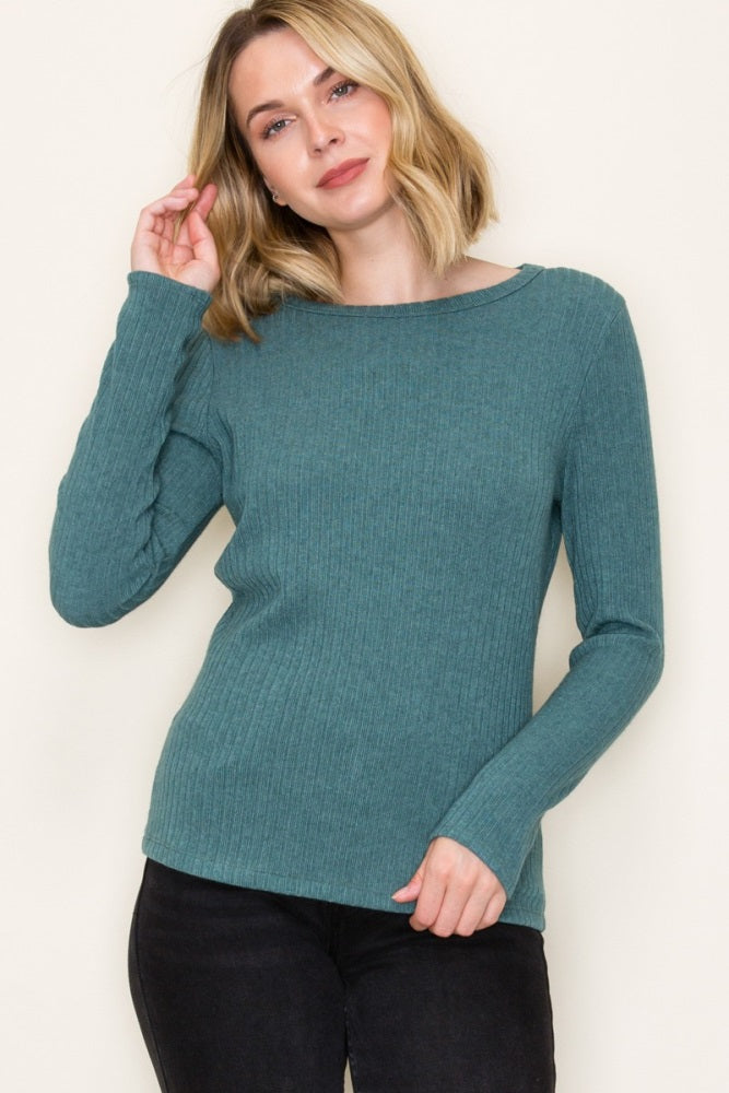 Deep Teal Ribbed Knit Long Sleeve Top