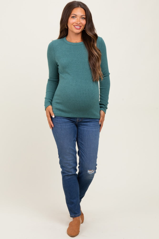 Deep Teal Ribbed Knit Maternity Long Sleeve Top