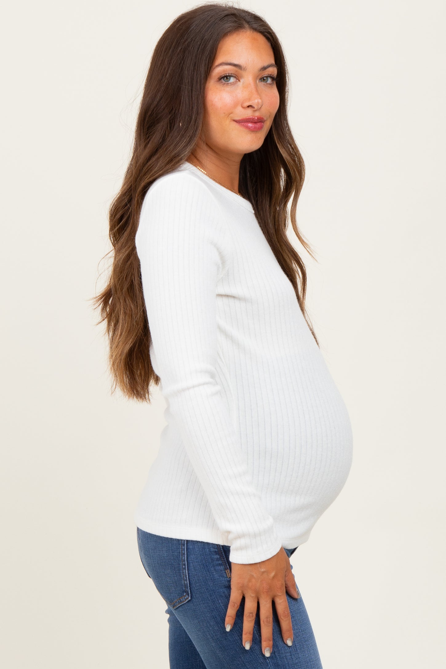 Ivory Ribbed Knit Maternity Long Sleeve Top
