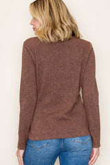 Brown Ribbed Knit Long Sleeve Top