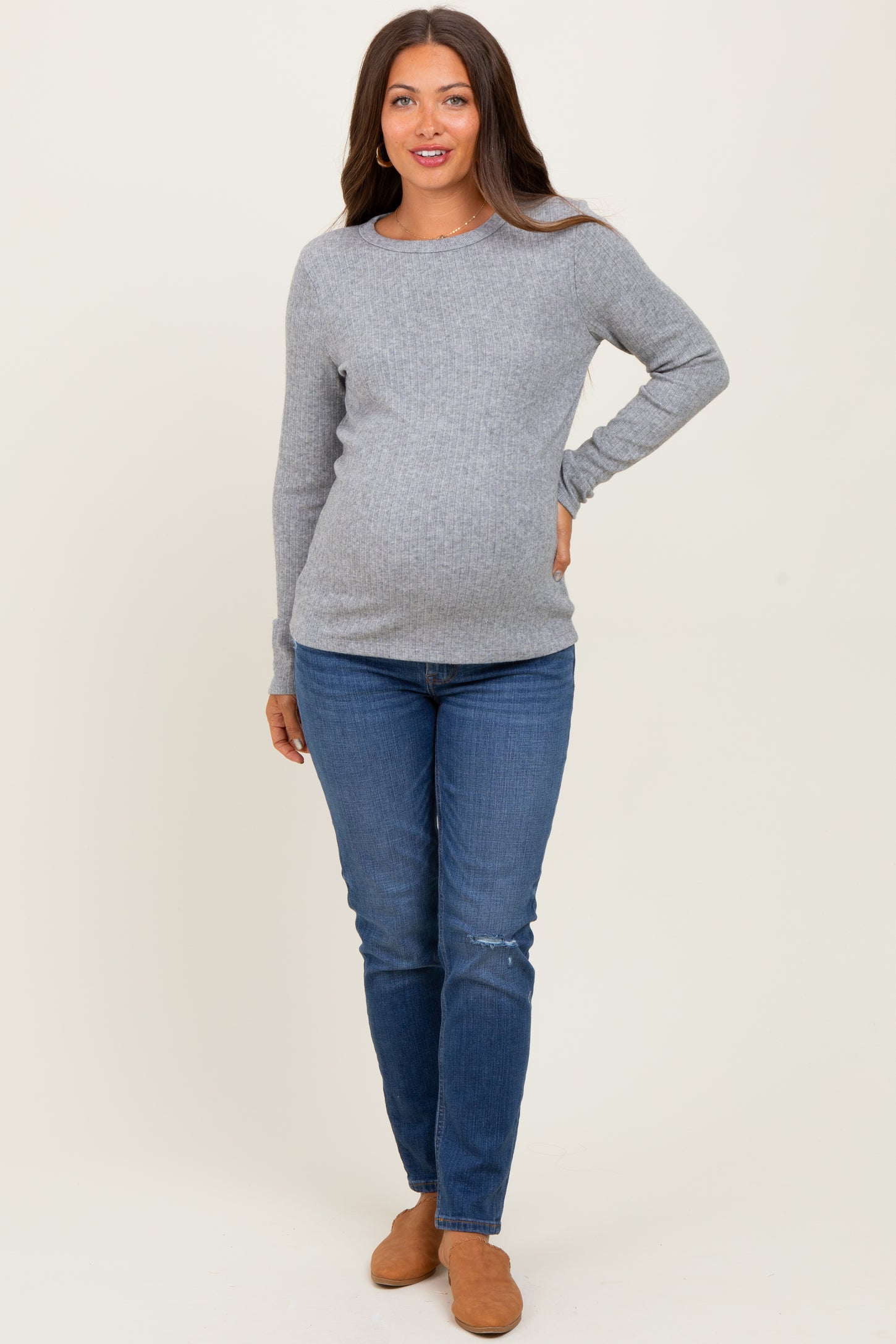 Heather Grey Ribbed Knit Maternity Long Sleeve Top