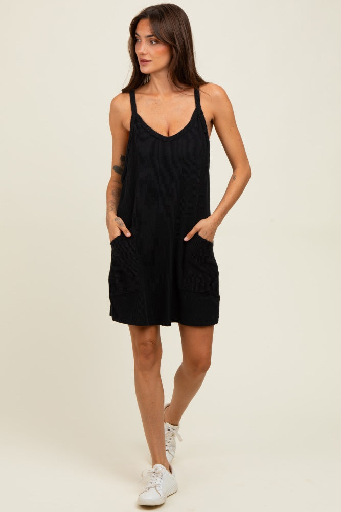 Black Textured Rib Side Pocket Romper Dress