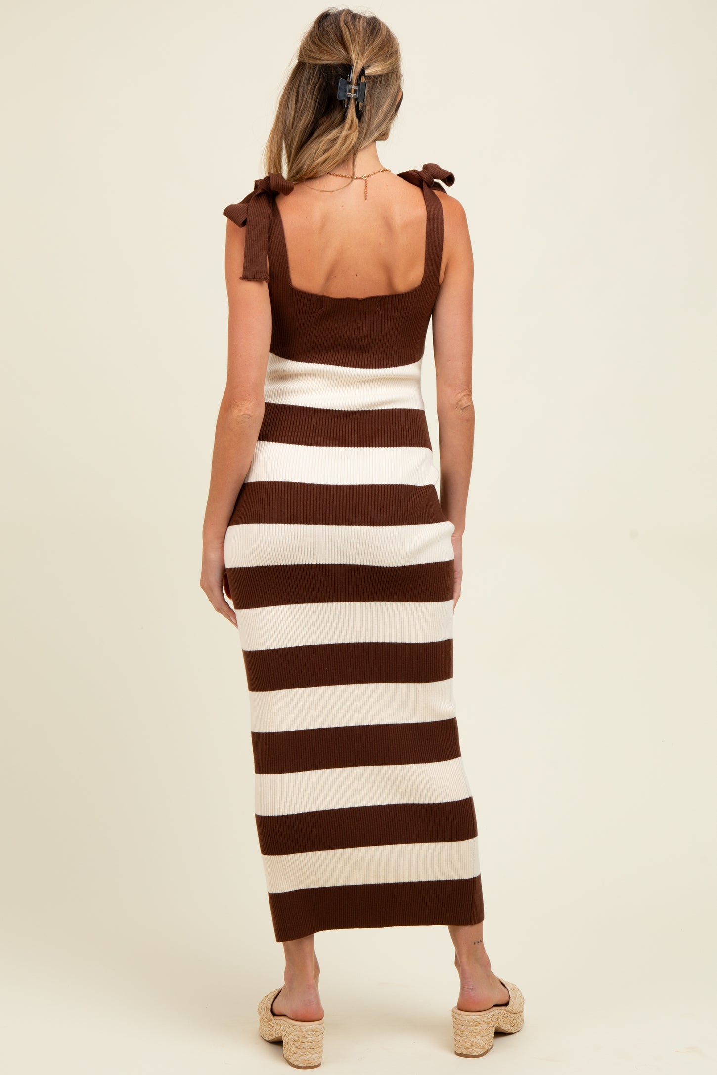 Brown Striped Knit Shoulder Tie Maternity Maxi Dress