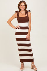 Brown Striped Knit Shoulder Tie Maxi Dress