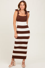 Brown Striped Knit Shoulder Tie Maxi Dress