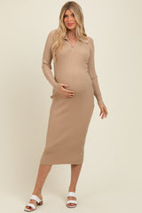 Beige Ribbed Knit Collared Maternity Sweater Dress
