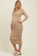 Beige Ribbed Knit Collared Maternity Sweater Dress