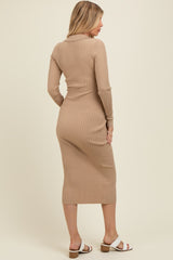 Beige Ribbed Knit Collared Maternity Sweater Dress