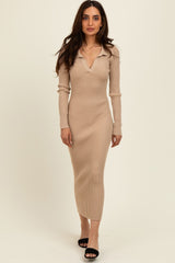 Beige Ribbed Knit Collared Sweater Dress