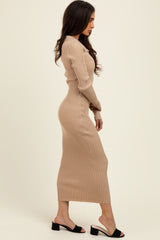 Beige Ribbed Knit Collared Sweater Dress
