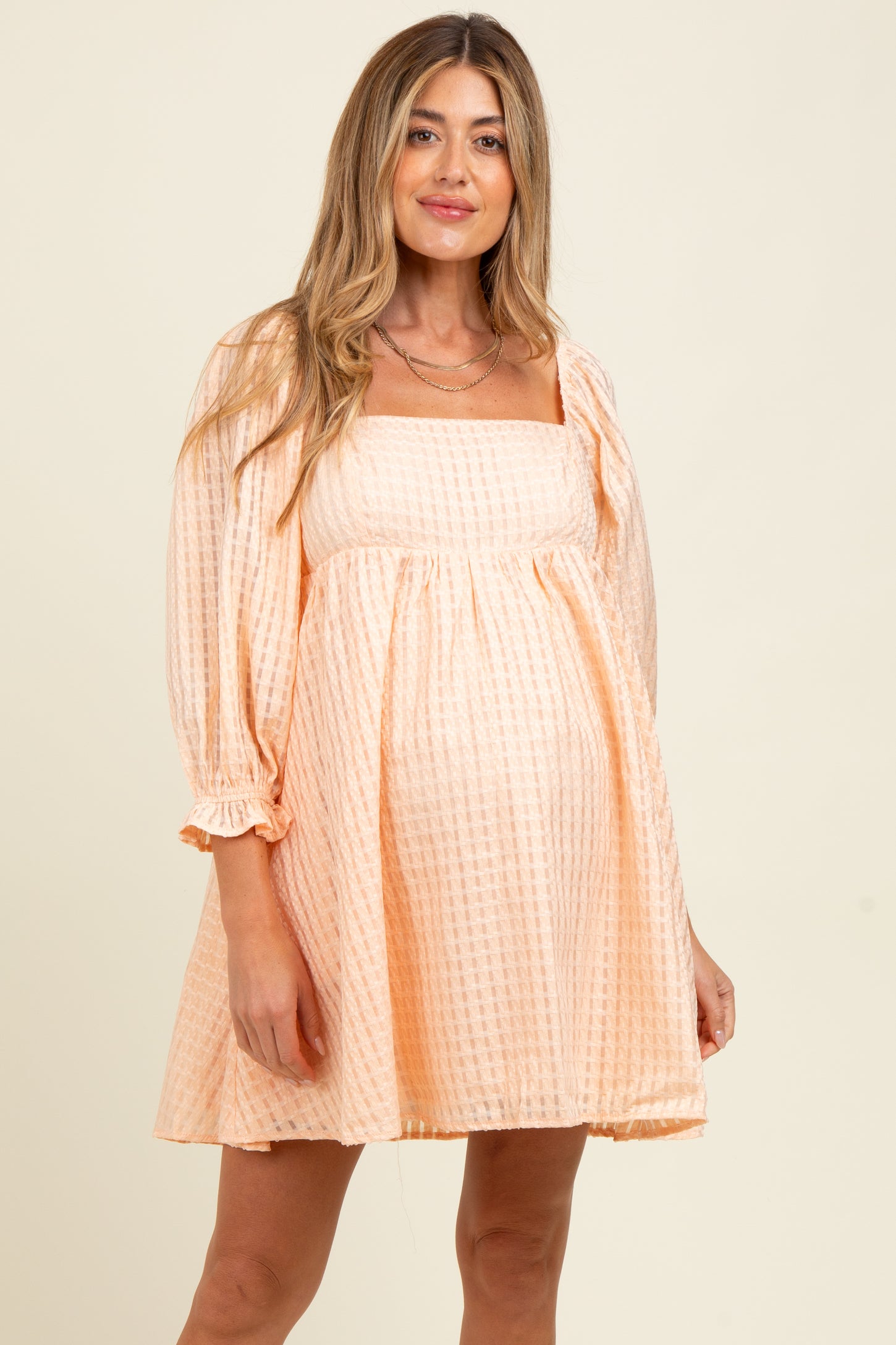 Peach Plaid Overlay Bubble Sleeve Maternity Dress