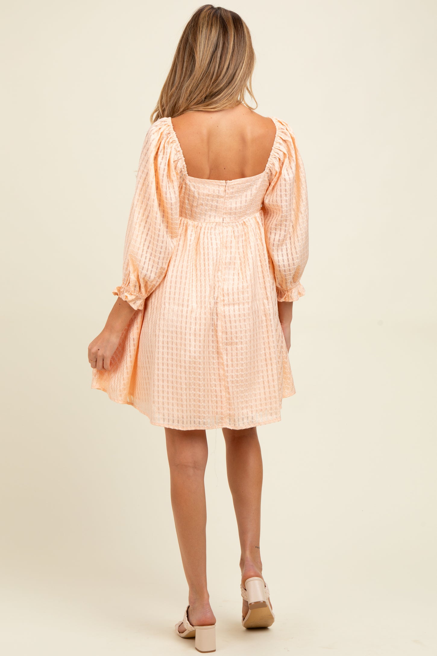Peach Plaid Overlay Bubble Sleeve Maternity Dress
