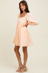 Peach Plaid Overlay Bubble Sleeve Dress