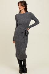 Charcoal Ribbed Tie Waist Sweater Dress