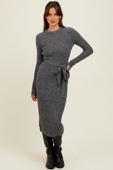 Charcoal Ribbed Tie Waist Sweater Dress