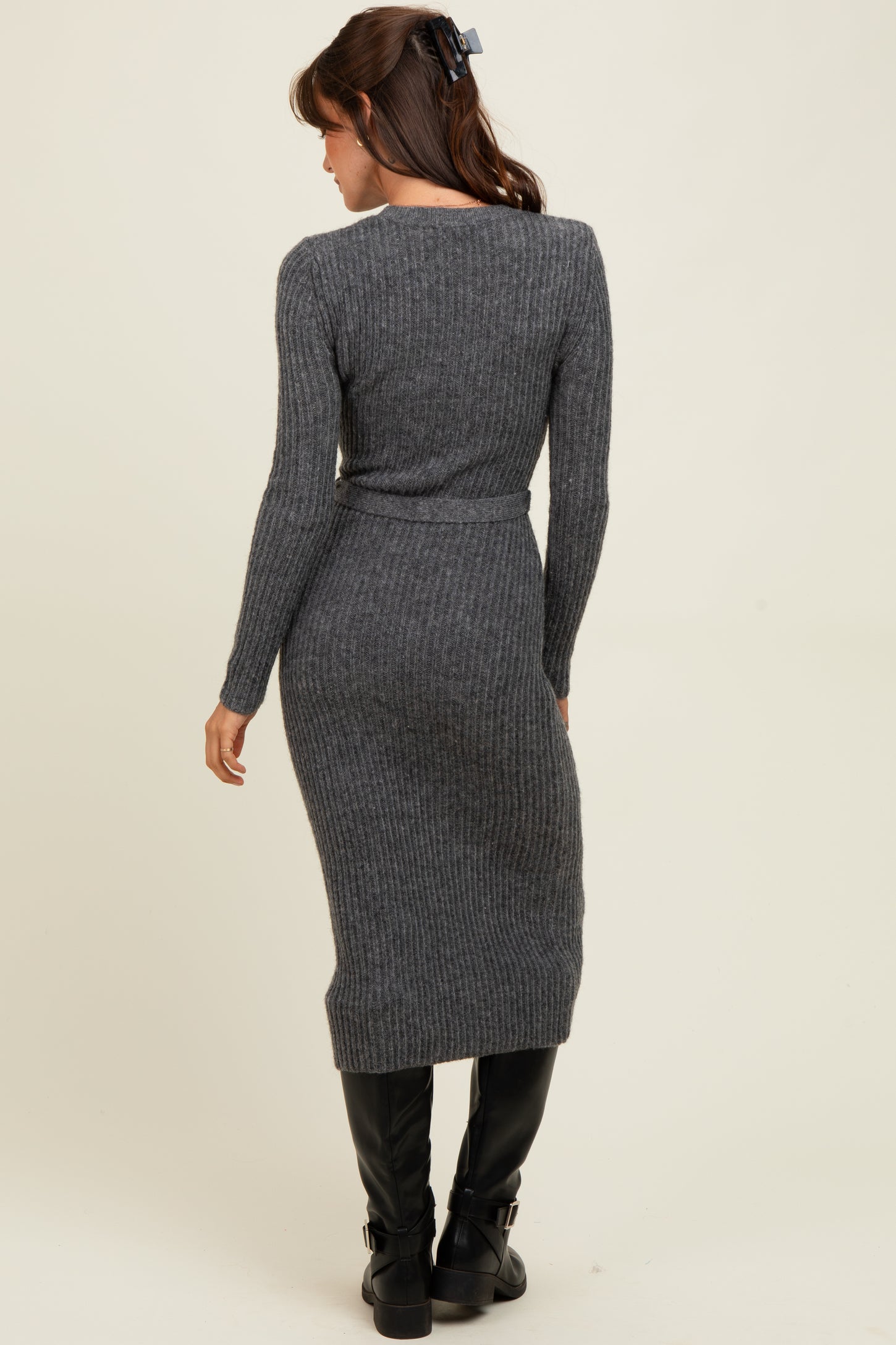 Charcoal Ribbed Tie Waist Sweater Dress PinkBlush Charcoal Ribbed Tie Waist Sweater Dress PinkBlush