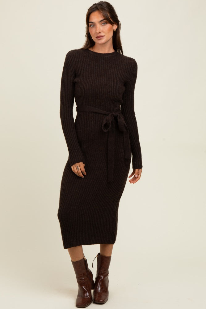 Brown Ribbed Tie Waist Sweater Dress