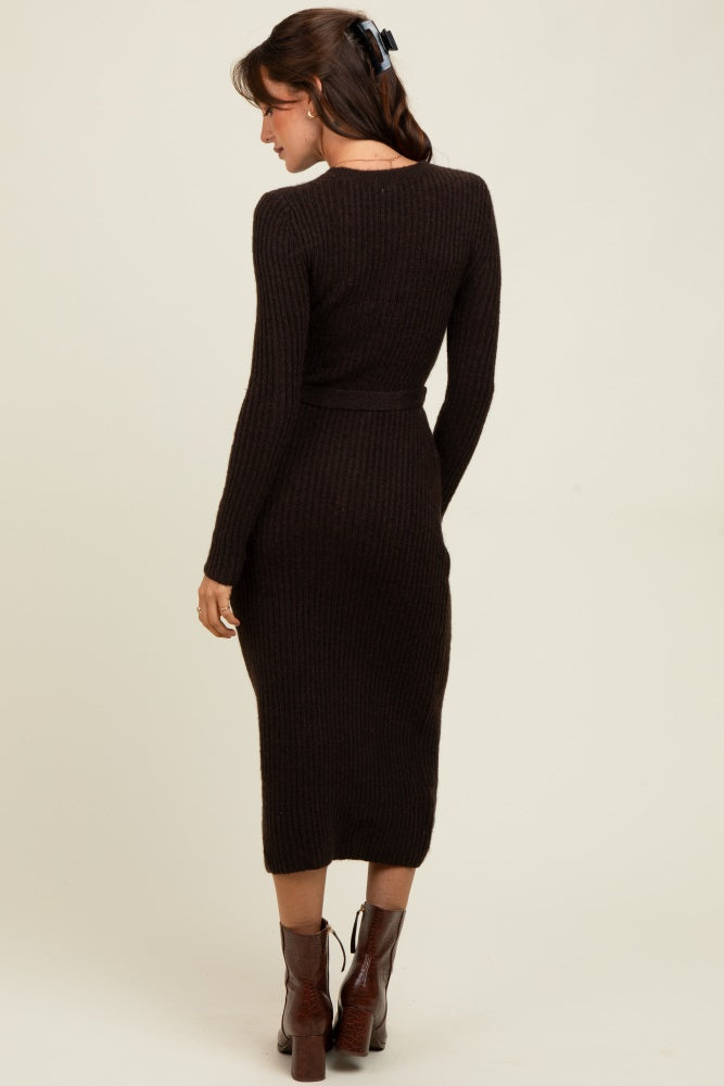 brown ribbed sweater dress THE ANNALEE RIBBED MINI SWEATER DRESS IN BROWN X-Large