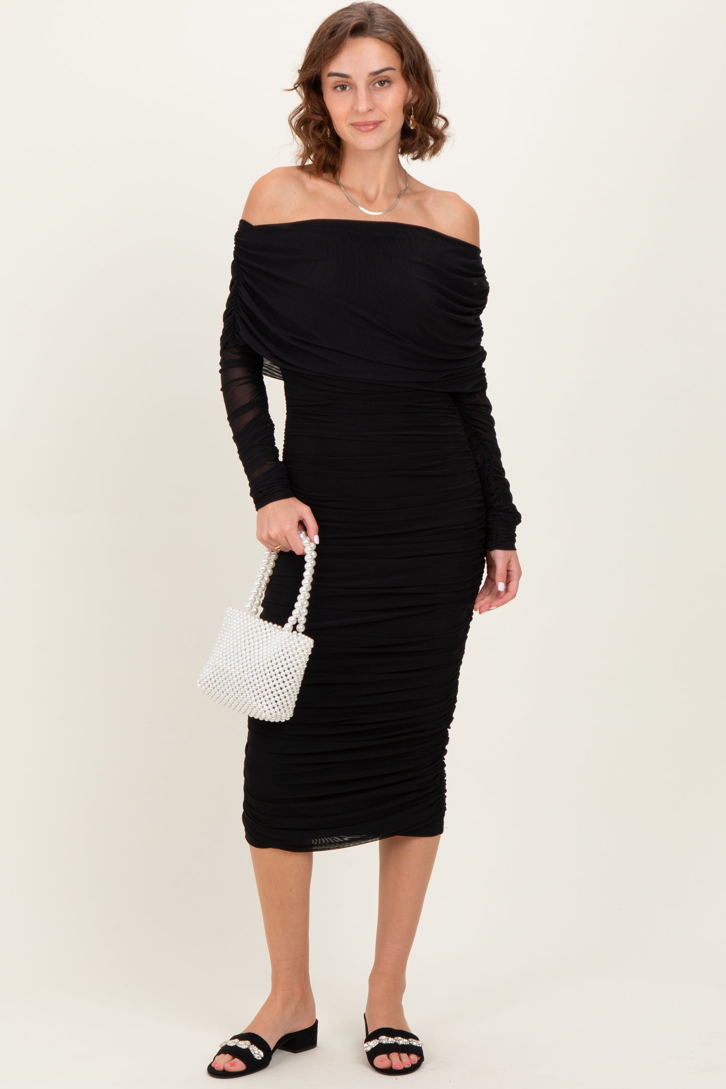 off shoulder long sleeve mesh midi dress Fuchsia Mesh Overlay Off Shoulder Long Sleeve Midi Dress