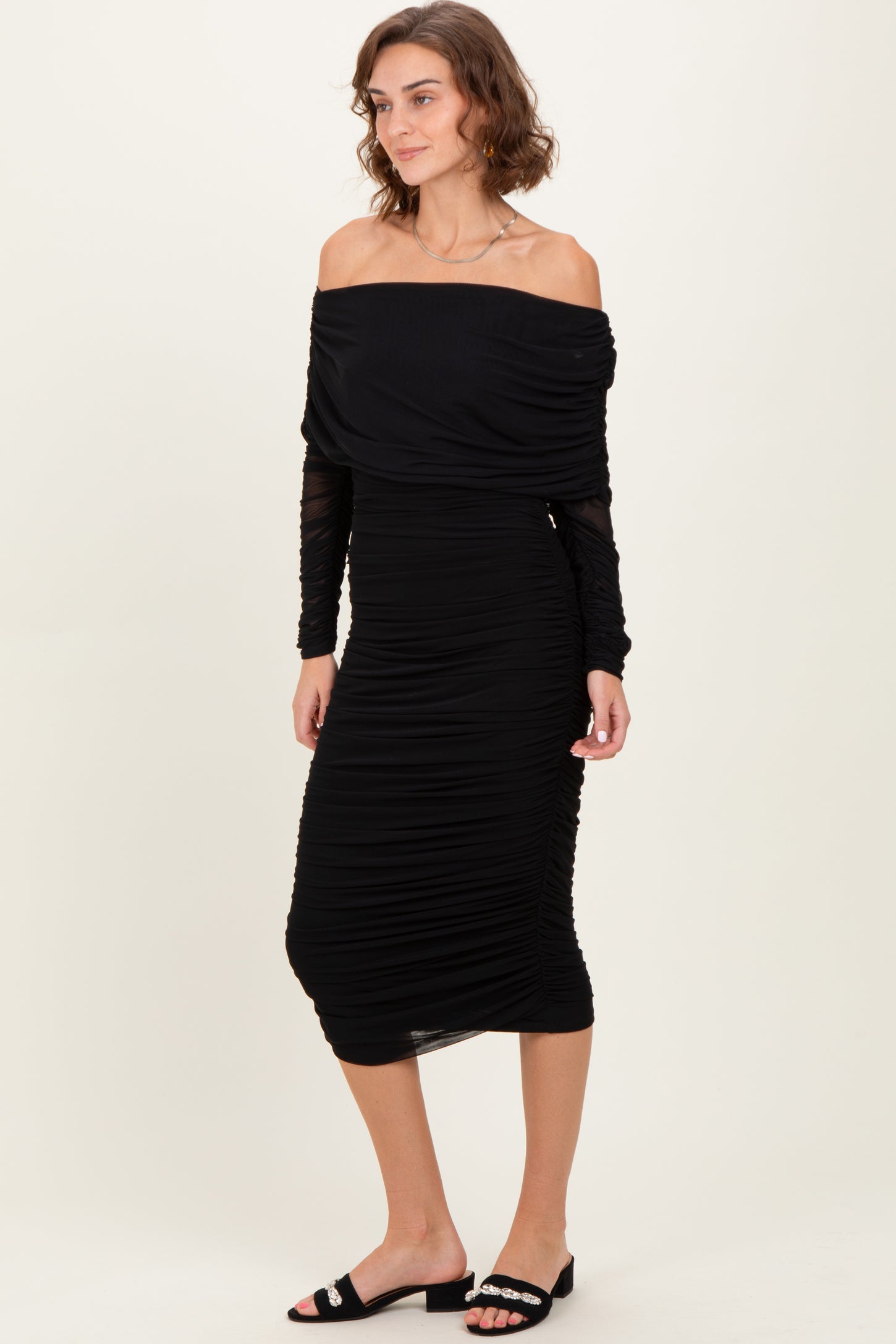 Black Ruched Mesh Off Shoulder Long Sleeve Midi Dress