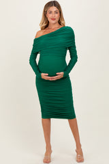Forest Green Ruched Mesh Off Shoulder Long Sleeve Maternity Midi Dress