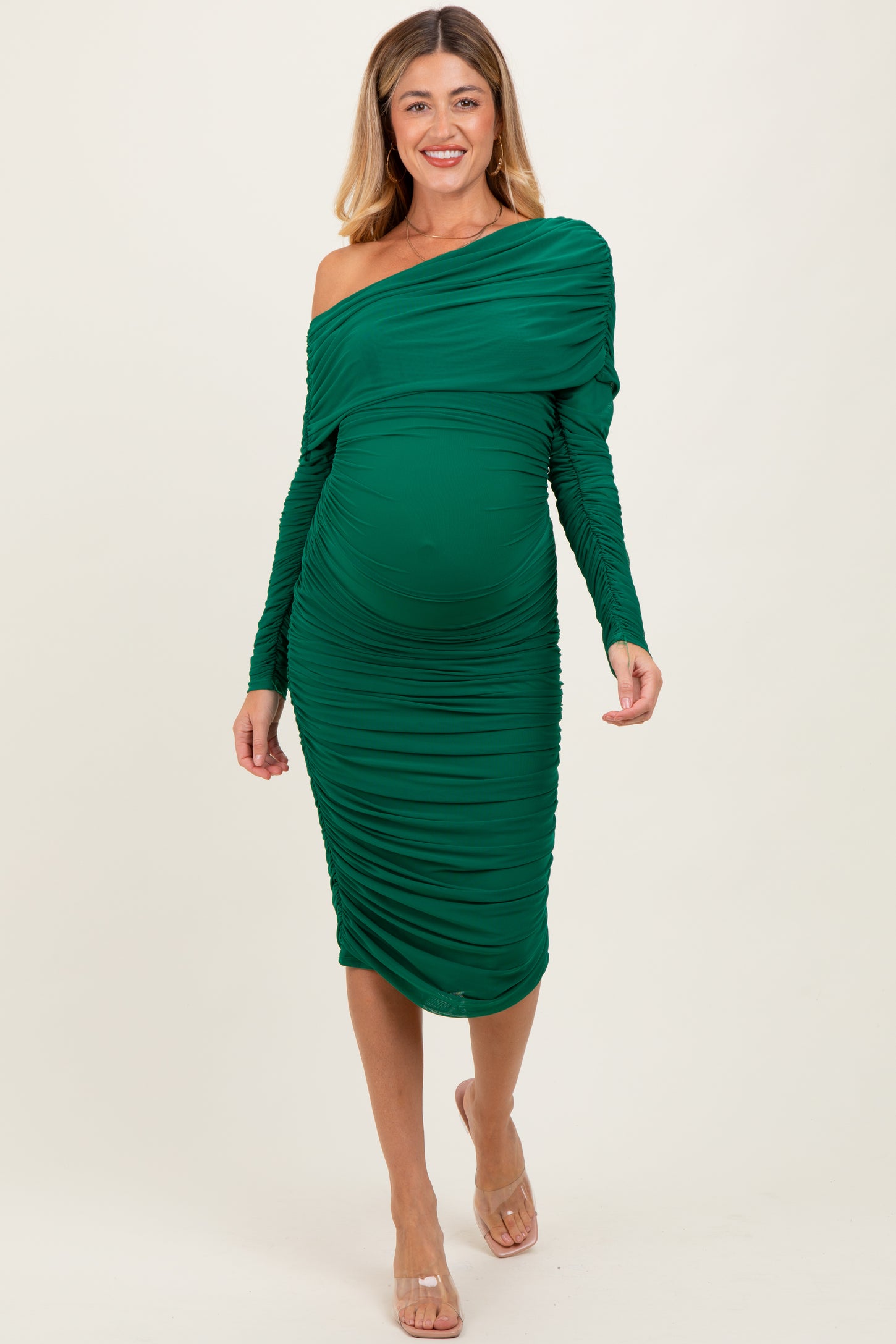 Forest Green Ruched Mesh Off Shoulder Long Sleeve Maternity Midi Dress Forest Green Ruched Mesh Off Shoulder Long Sleeve Maternity Midi Dress