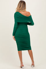 Forest Green Ruched Mesh Off Shoulder Long Sleeve Maternity Midi Dress