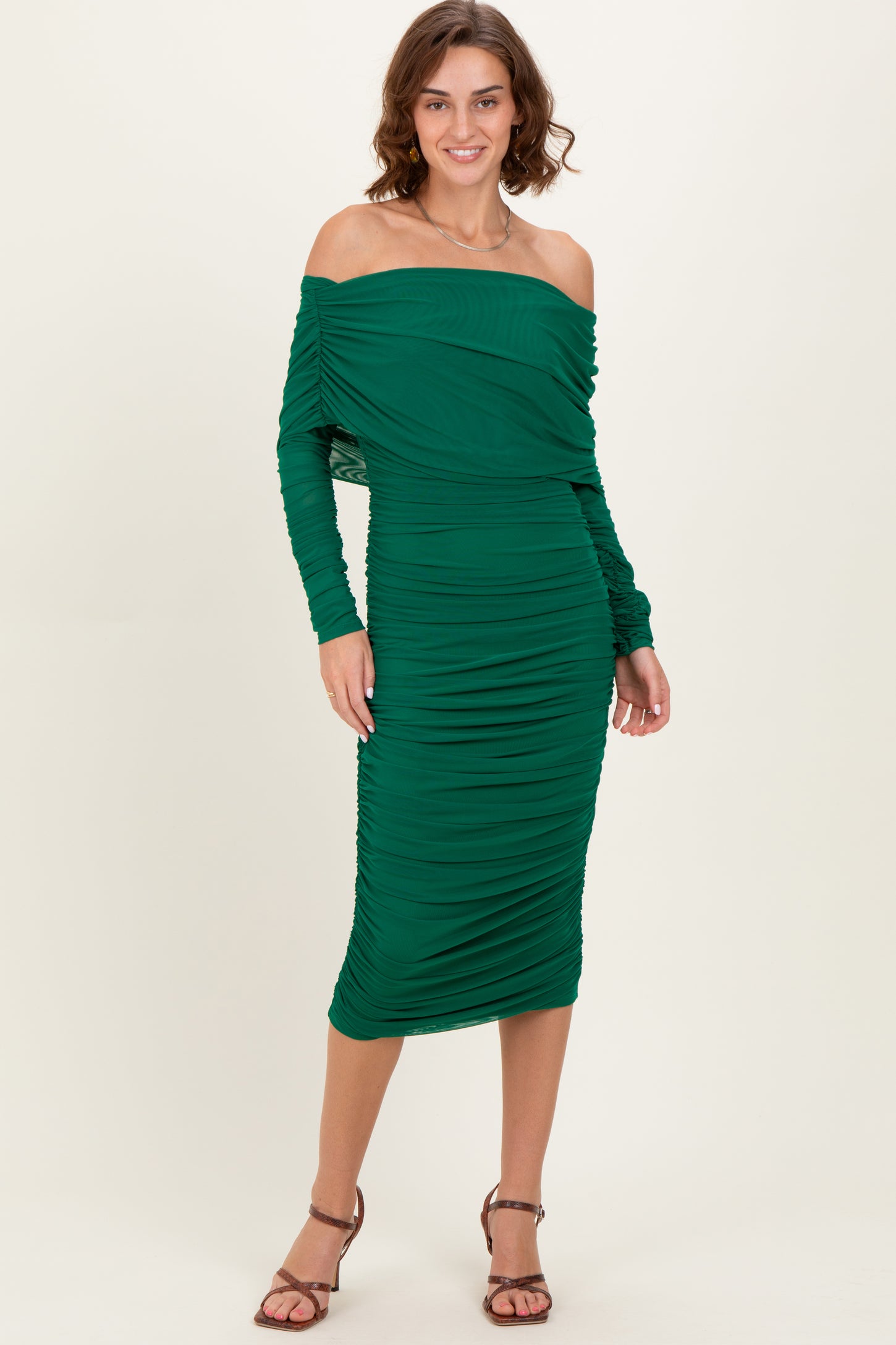 Forest Green Ruched Mesh Off Shoulder Long Sleeve Midi Dress Forest Green Ruched Mesh Off Shoulder Long Sleeve Midi Dress