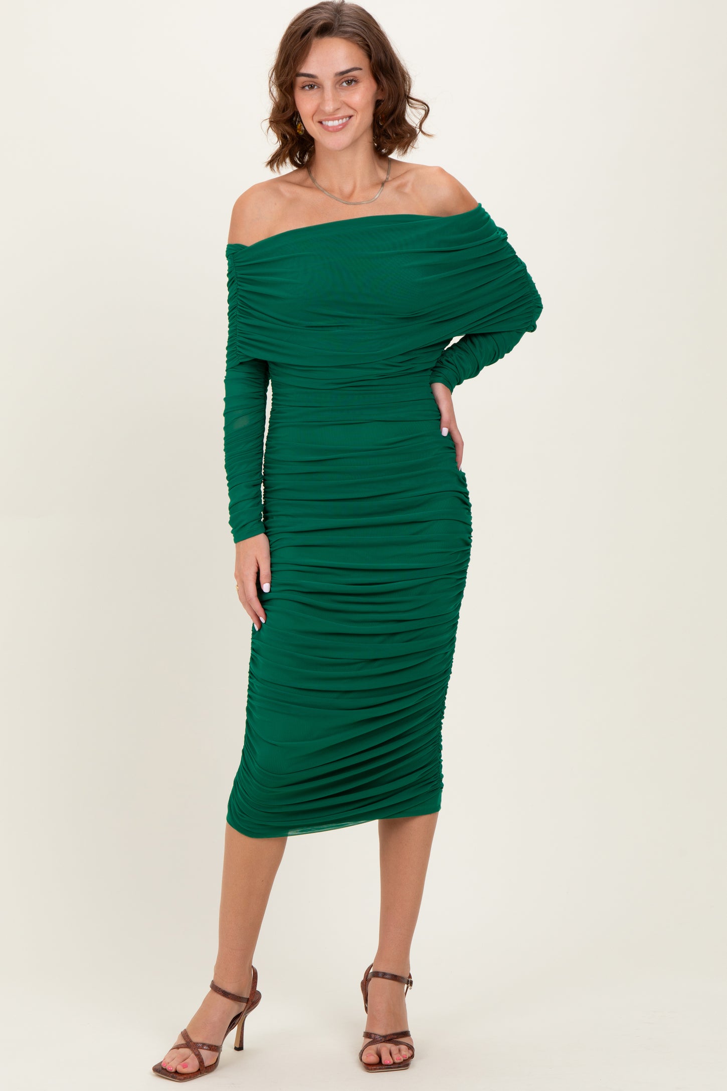 Forest Green Ruched Mesh Off Shoulder Long Sleeve Midi Dress