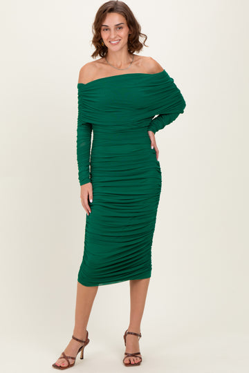 Forest Green Ruched Mesh Off Shoulder Long Sleeve Midi Dress
