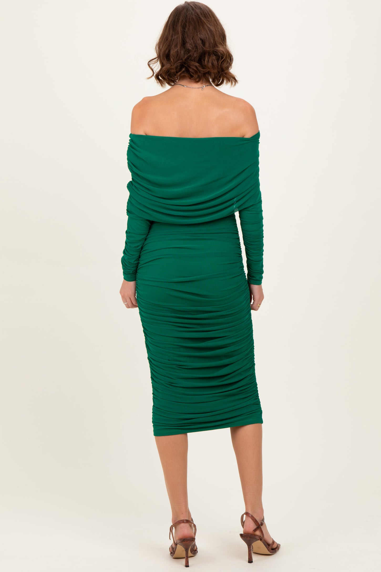 Forest Green Ruched Mesh Off Shoulder Long Sleeve Midi Dress Forest Green Ruched Mesh Off Shoulder Long Sleeve Midi Dress
