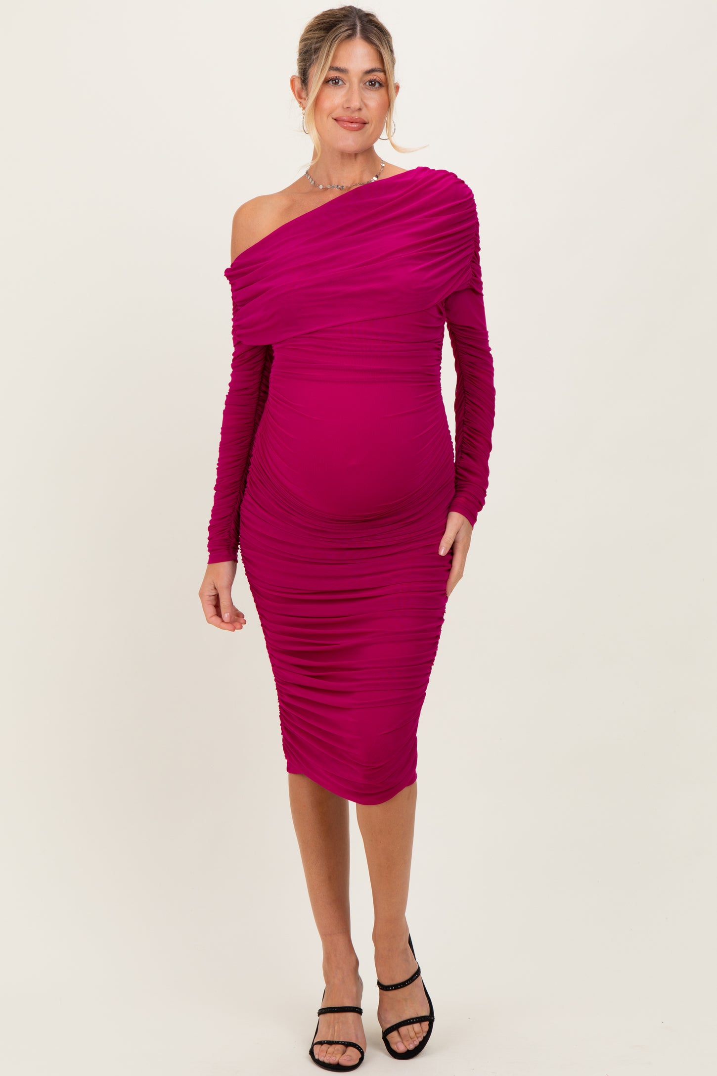 Magenta Ruched Mesh Off Shoulder Long Sleeve Maternity Midi Dress