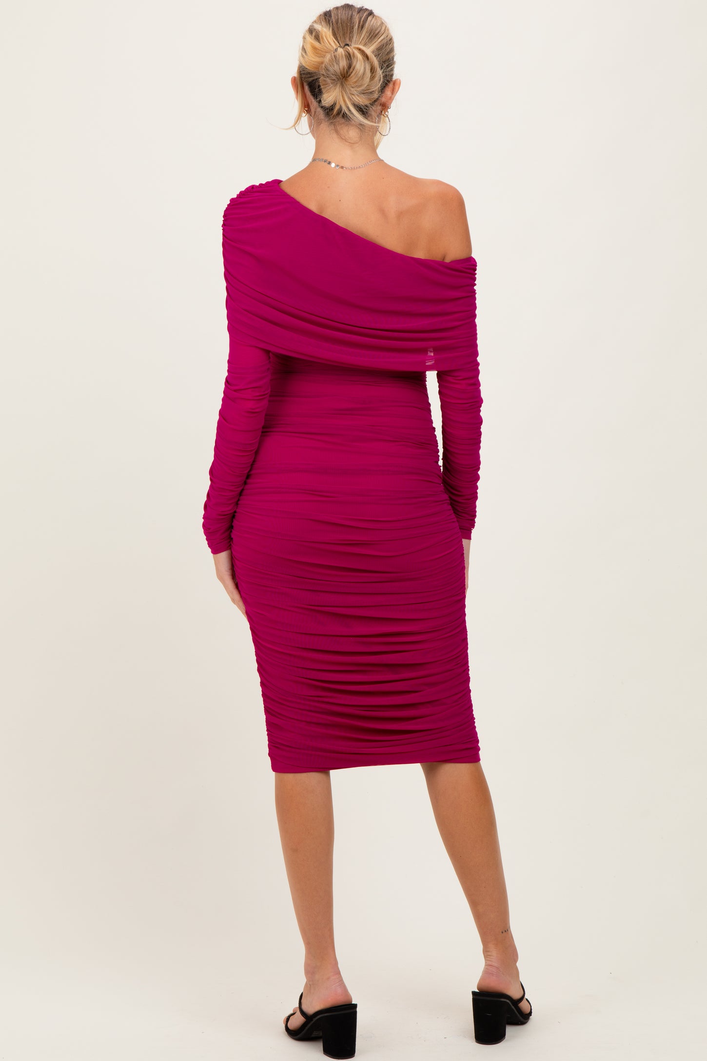 Magenta Ruched Mesh Off Shoulder Long Sleeve Maternity Midi Dress