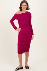 Magenta Ruched Mesh Off Shoulder Long Sleeve Midi Dress