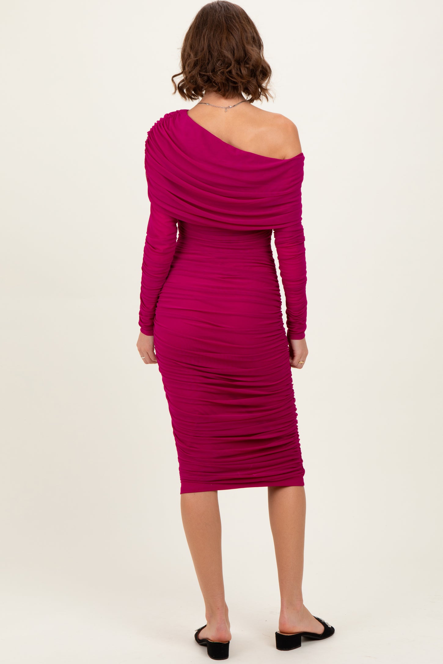 Magenta Ruched Mesh Off Shoulder Long Sleeve Midi Dress