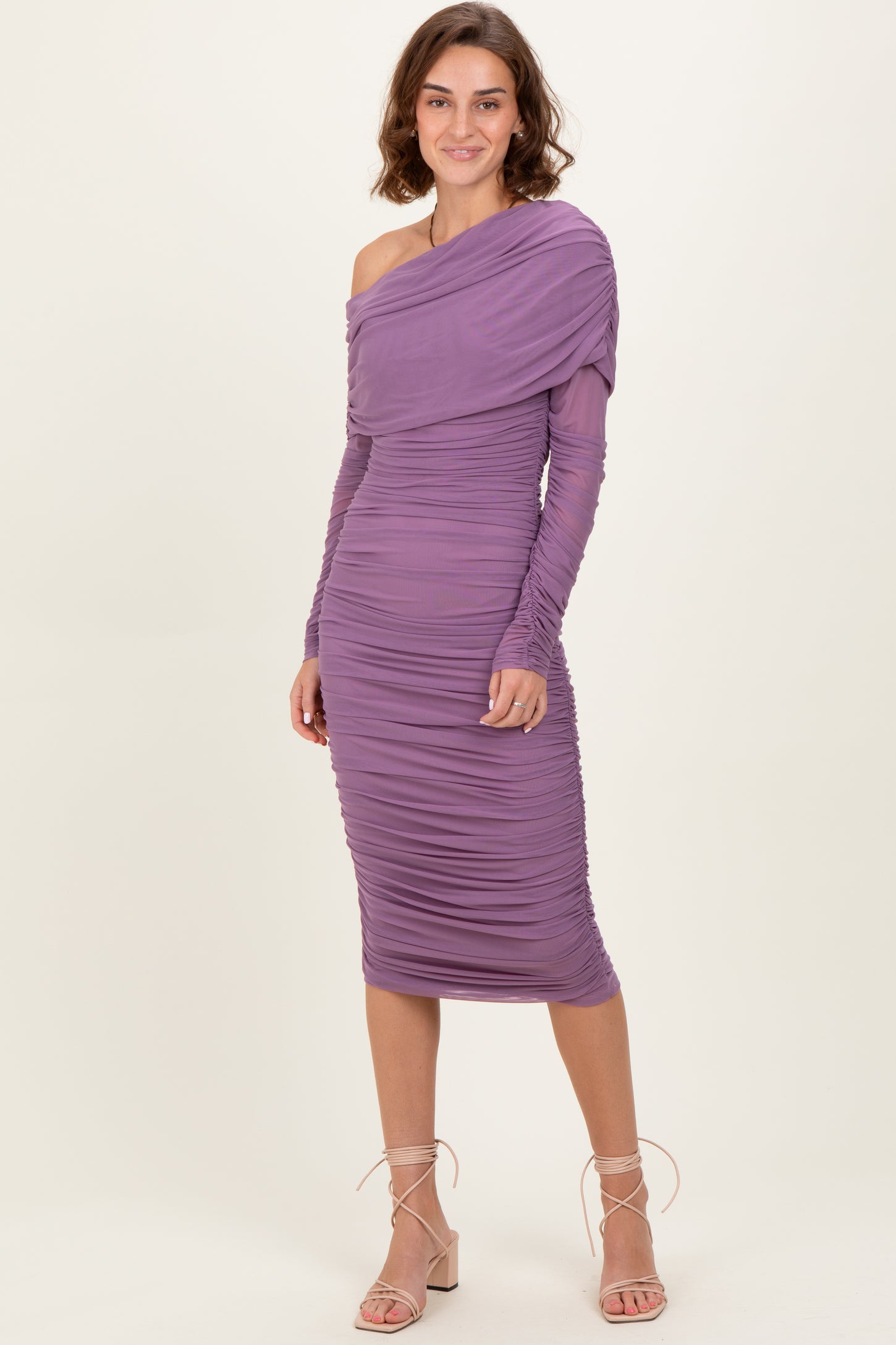 Lavender Ruched Mesh Off Shoulder Long Sleeve Maternity Midi Dress