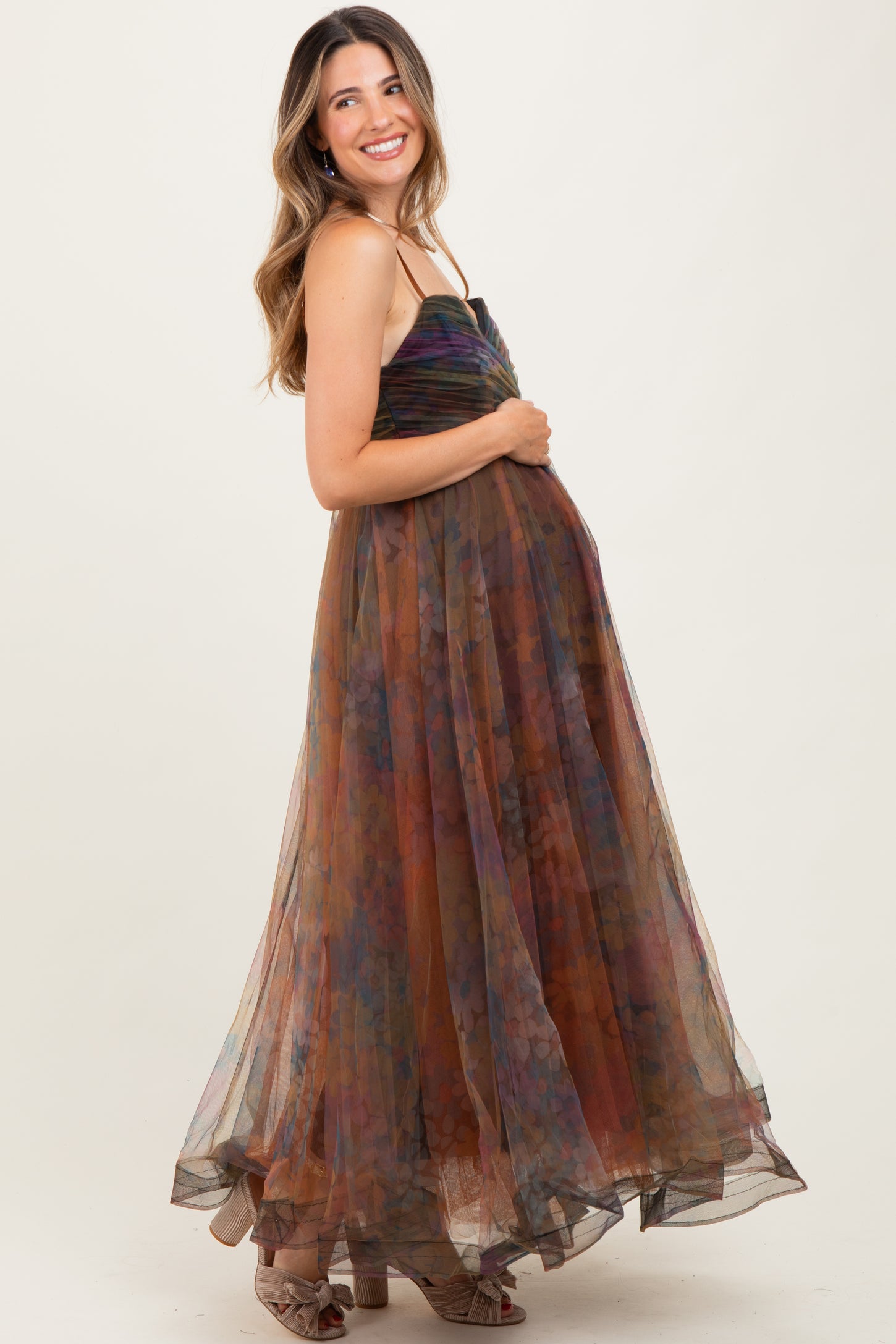 Multi Color Floral Mesh Tulle Overlay Maternity Maxi Dress